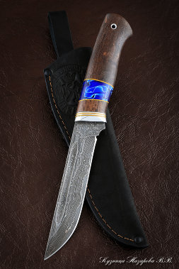 Knife Fighter Damascus laminated Karelian birch brown acrylic