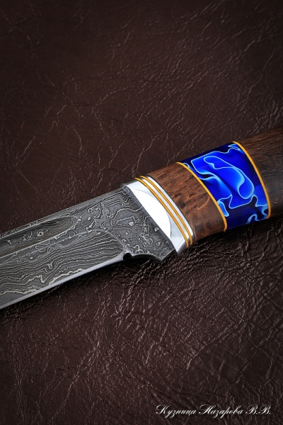 Knife Fighter Damascus laminated Karelian birch brown acrylic
