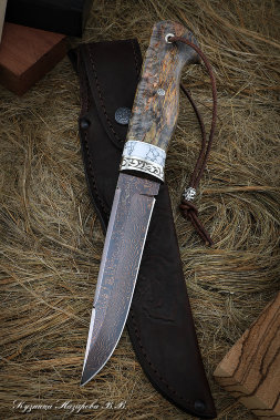 Knife Boar Damascus laminated with bluing Karelian birch brown acrylic