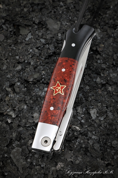 Нож Финка НКВД складная сталь х12мф накладки акрил красный+черный с красной звездой