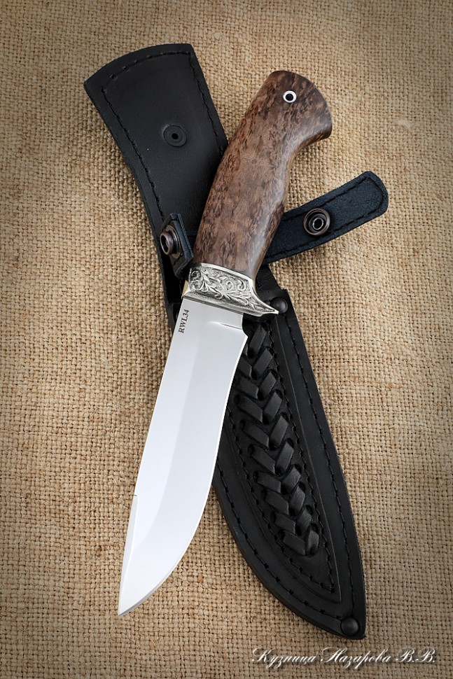 Нож Варан сталь RWL-34 карельская береза коричневая мельхиор