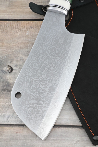 Chopper-small-steel-Damascus-with-nickel-handle -Karelian-birch-green-and-acrylic-white