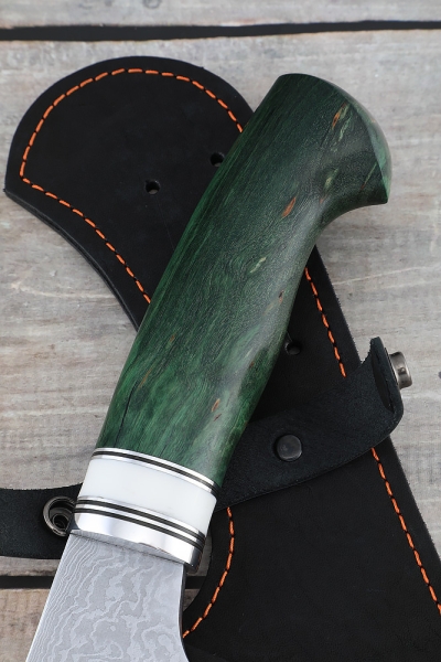 Chopper-small-steel-Damascus-with-nickel-handle -Karelian-birch-green-and-acrylic-white
