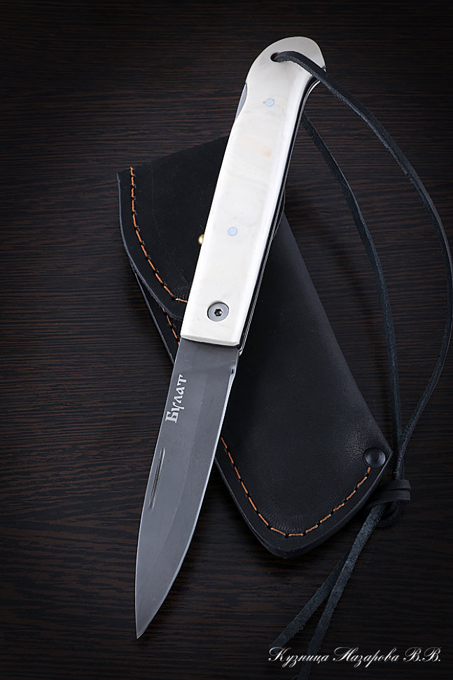 Folding knife Pike Perch 2 steel Wootz steel lining Acrylic Ivory