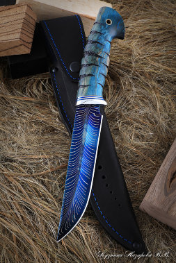 Нож Овод 2 дамаск торцевой с воронением карельская береза синяя