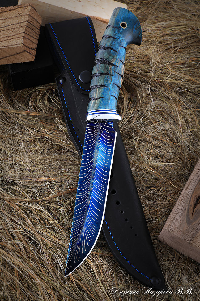 Knife Gadfly 2 Damascus end with bluing Karelian birch blue