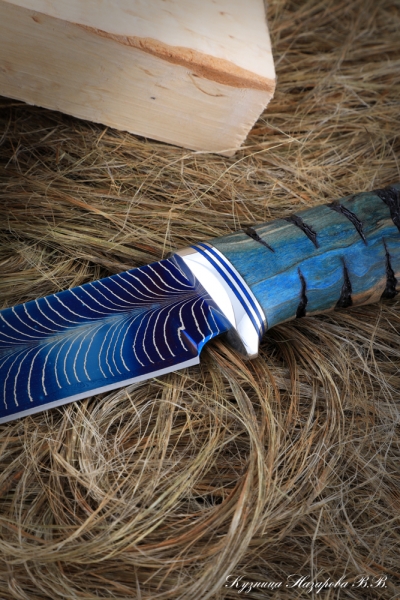 Нож Овод 2 дамаск торцевой с воронением карельская береза синяя