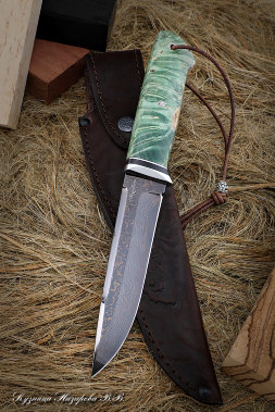 Нож Вепрь дамаск ламинированный с воронением карельская береза зеленая