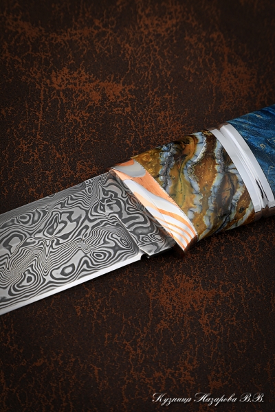 Knife Boar Damascus stainless mokume-gane mammoth bone Karelian birch on a stand