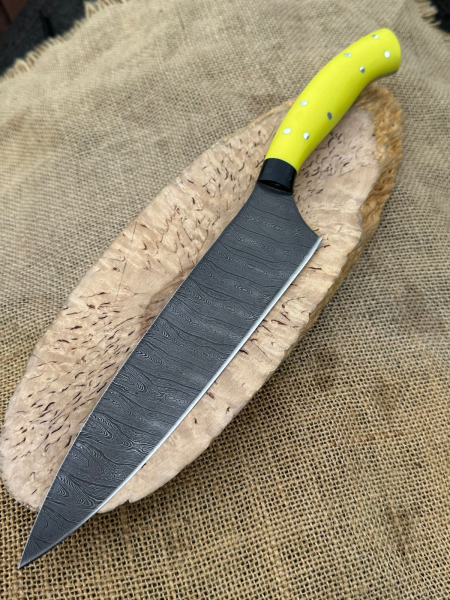 Шеф нож №2 сталь дамасская цельнометаллический, накладки G10 желтые (распродажа)  