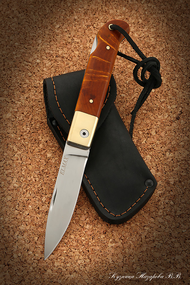 Нож складной Судак 2 сталь Elmax накладки стабилизированная карельская береза (янтарная)
