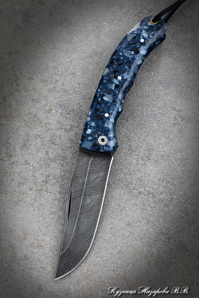 Folding Knife Taiga steel Damascus Lining Acrylic Blue