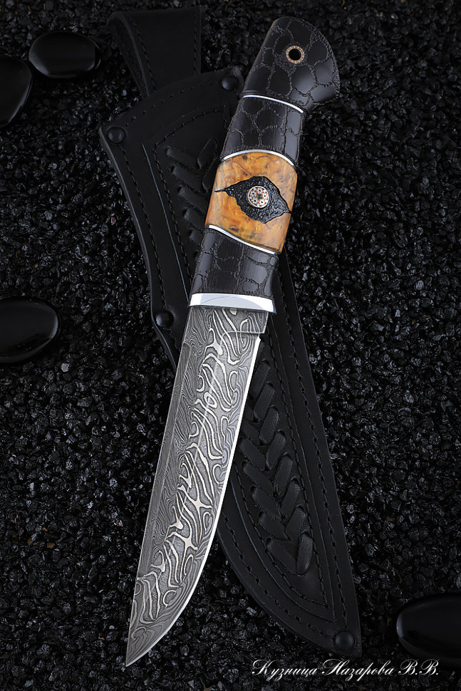 Нож Вепрь дамаск торцевой черный граб карельская береза