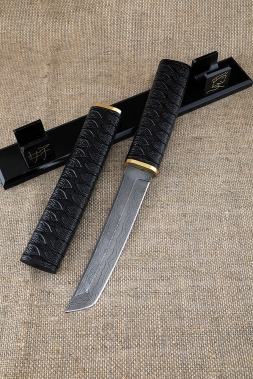 Knife Tanto Damascus Black Hornbeam Carved Wooden Sheath on a stand