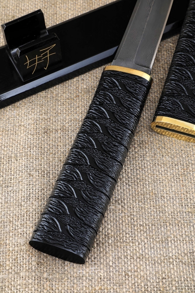 Knife Samura Damascus Black Hornbeam Carved Wooden Sheath on a stand