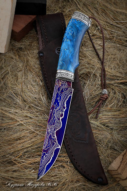 Zasapozhny knife Damascus laminated steel with bluing Karelian birch blue nickel silver