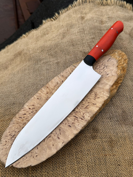 Шеф нож №14 сталь х12мф цельнометаллический, накладки G10 оранжевые (распродажа) 