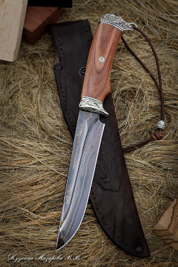 Sapper Damascus valley laminated knife with bluing rosewood nickel silver