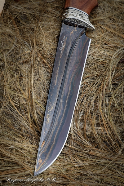 Нож Сапер дамаск долы ламинированный с воронением палисандр мельхиор