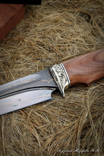 Sapper Damascus valley laminated knife with bluing rosewood nickel silver