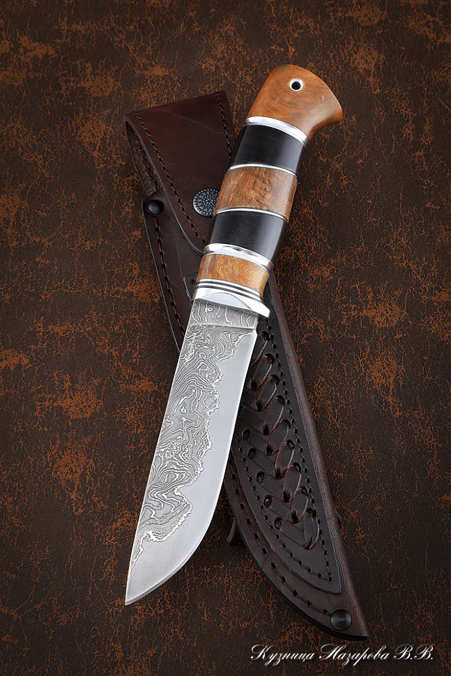 Нож Тайга дамаск ламинированный черный граб карельская береза