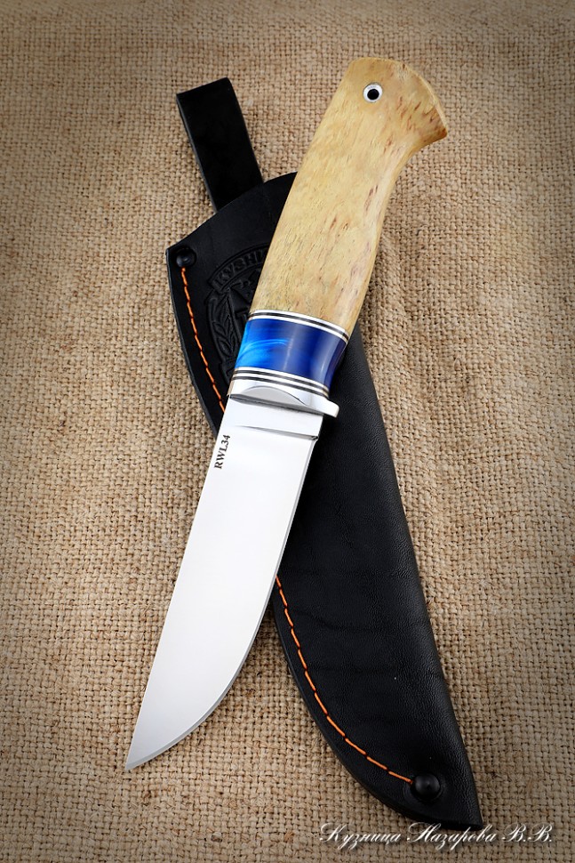 Golden Eagle knife 2 steel RWL-34 handle Karelian birch amber acrylic blue