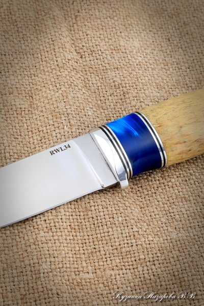 Нож Беркут 2 сталь RWL-34 рукоять карельская береза янтарная акрил синий