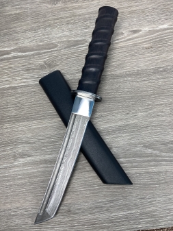 Нож Танто дамаск, рукоять черный граб, деревянные ножны (распродажа)