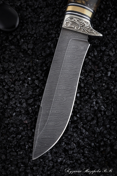 Нож Варан дамаск палисандр искусственный камень мельхиор