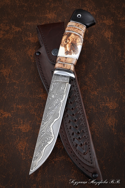 Knife Zasapozhny Damascus laminated handle Karelian birch elk horn