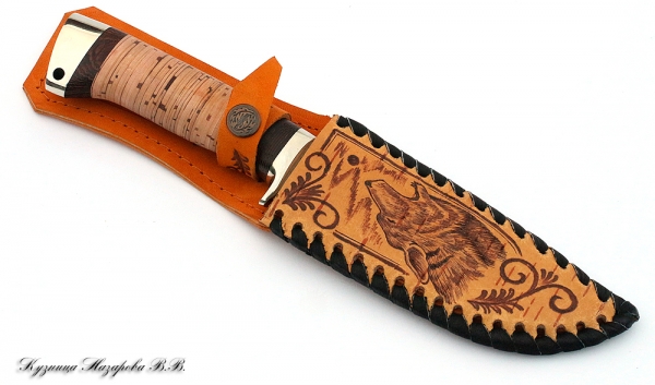 Knife Varan wootz steel melchior birch bark case birch bark with a pattern