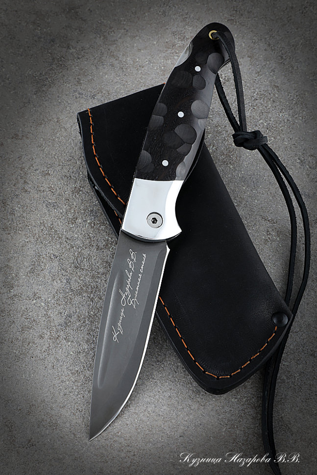 Folding Knife Owl Steel Wootz steel Lining Black Hornbeam Carved