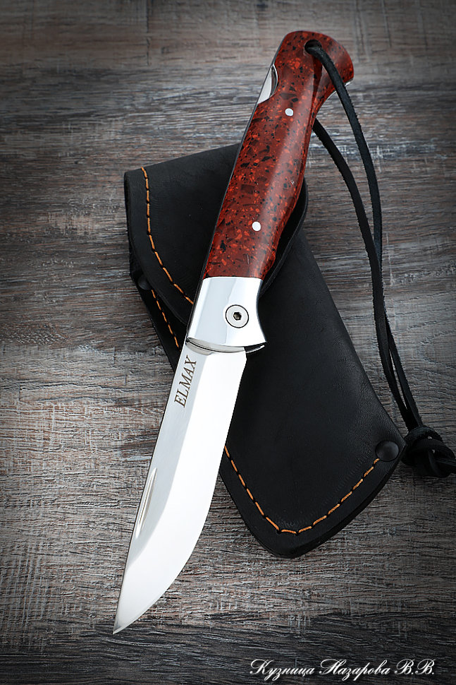 Нож складной Волк сталь Elmax накладки акрил красный с дюралью