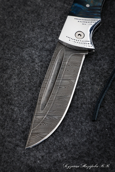 Folding knife Owl steel damascus lining Karelian birch blue with duralumin