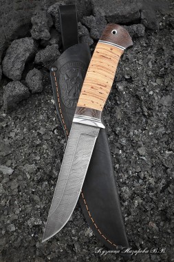 Knife Bison Damascus handle birch bark