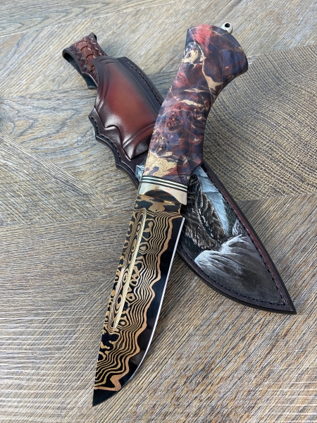 Нож Овод-2 дамаск ламинированный с воронением, дол, рукоять березовый кап стабилизированный, мокуме-гане