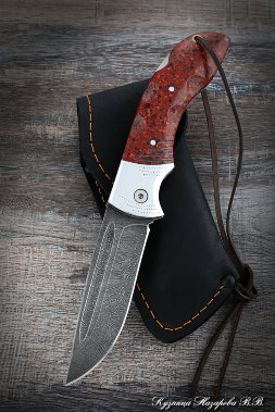 Folding knife Owl steel damascus lining acrylic red with duralumin
