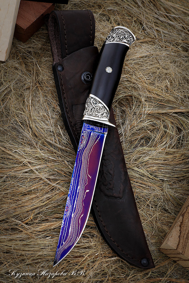 Нож Кардинал 2 дамаск ламинированный с воронением черный граб мельхиор