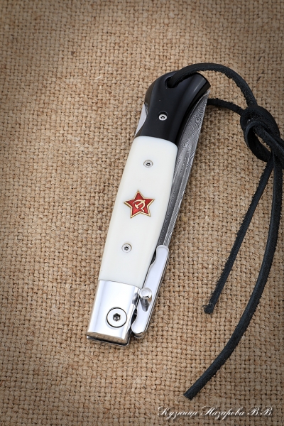 NKVD Folding knife Damascus stainless steel with pin acrylic white+black with red star