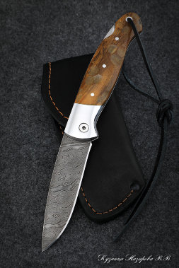 Folding knife Owl steel damascus lining Karelian birch amber carved with duralumin