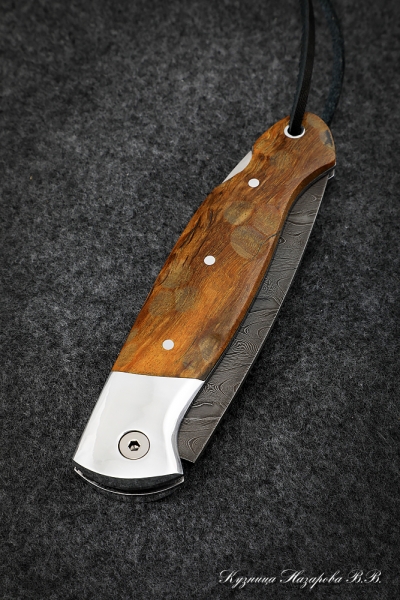 Folding knife Owl steel damascus lining Karelian birch amber carved with duralumin