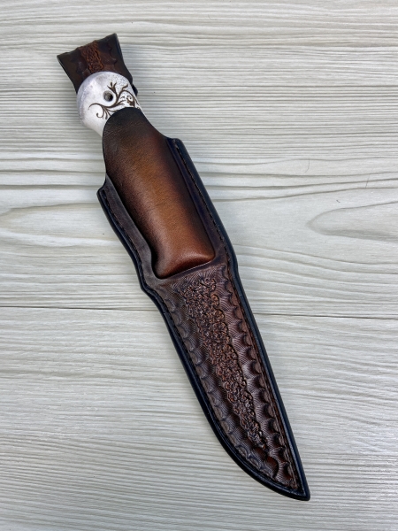 Нож Барс дамаск ламинированный с медью, рукоять карельская береза коричневая - рог лося (пирография)