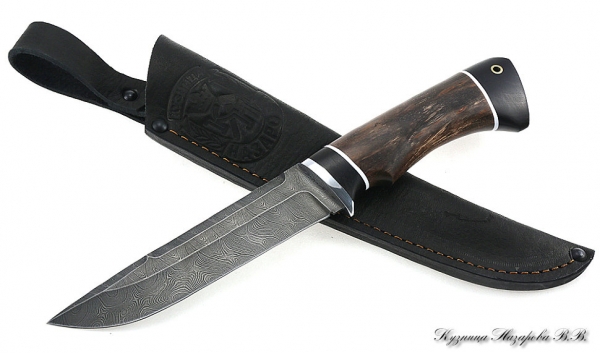 Knife Boar Damascus black hornbeam stabilized Karelian birch (brown)