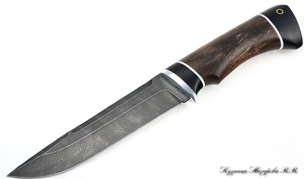 Knife Boar Damascus black hornbeam stabilized Karelian birch (brown)