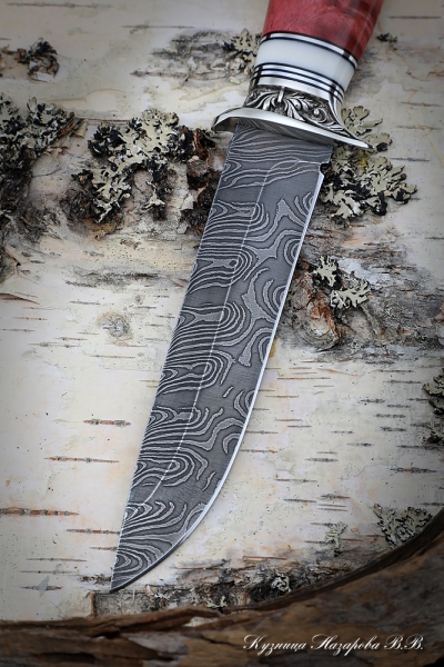 Knife Infantryman Damascus wavy nickel silver Karelian birch red acrylic