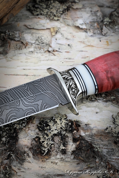 Knife Infantryman Damascus wavy nickel silver Karelian birch red acrylic