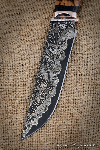 Gadfly knife 2 Damascus laminated mokume-gane mammoth bone Karelian birch