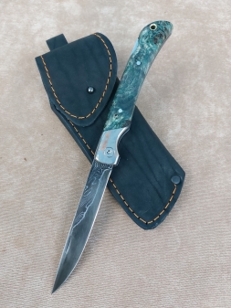 Нож складной Мексиканец сталь дамаск ламинированный, накладки рукояти карельская береза стабилизированная зеленая (распродажа)