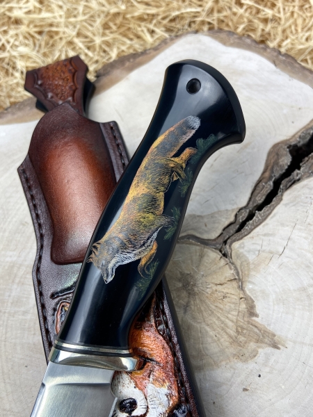 Нож Фокс S390 рукоять акрил черный (пирография), нейзельбер 