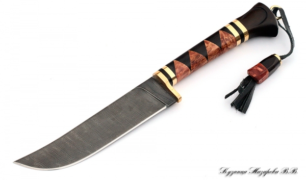 Knife Uzbek Damascus brass black hornbeam Karelian birch wooden sheath